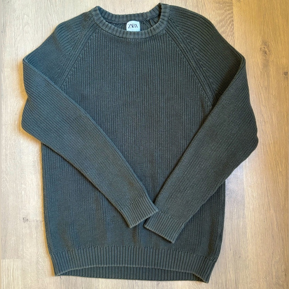Zara Men’s 100% Cotton Knit Sweater, Medium, Green
